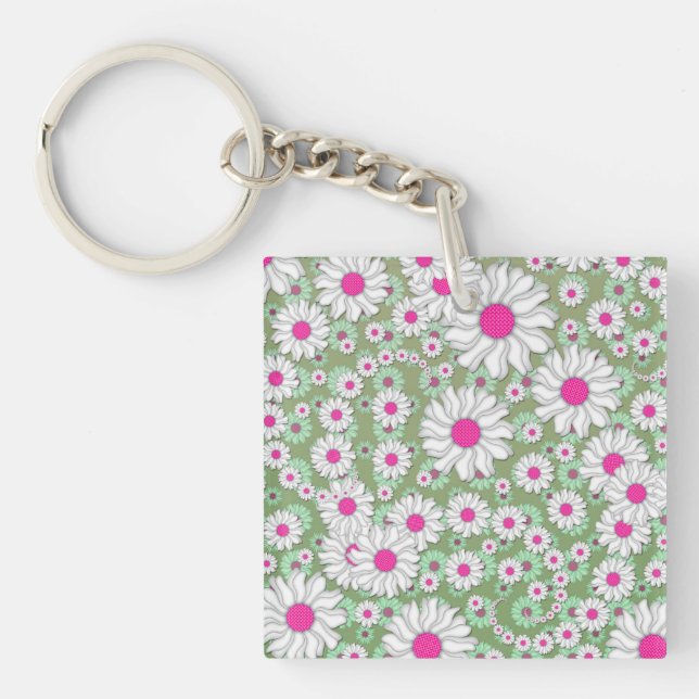Porte-clefs Marguerites de printemps blanches roses vertes (Devant)