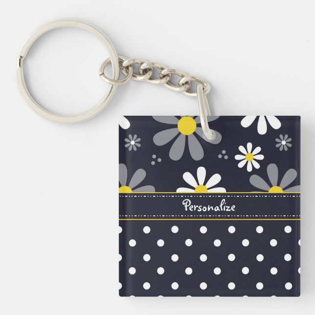 Porte-clefs Marguerites Girly et pois de mod avec le nom (Devant)