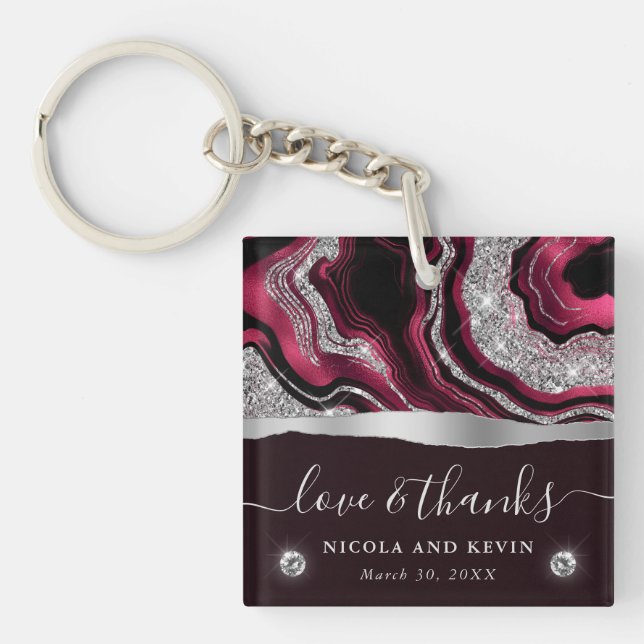 Porte-clefs Mariage à l'agate élégant avec feuille d'argent et (Devant)