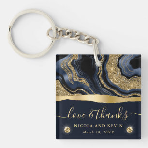 Porte-clefs Mariage à l'élégante agate bleu et dorée