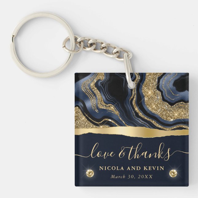 Porte-clefs Mariage à l'élégante agate bleu et dorée (Devant)