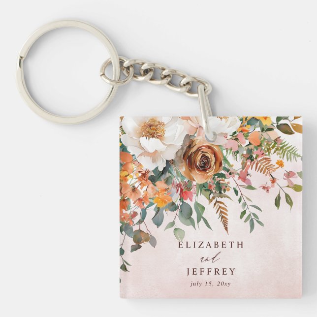 Porte-clefs Mariage Automnal Floral Orange Rustique (Devant)