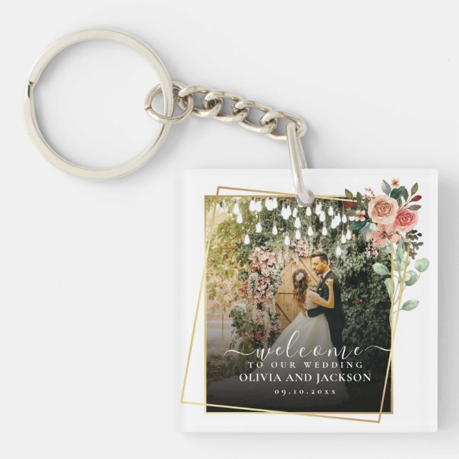 Porte-clefs Mariage de cadre doré rose fleuri de bienvenue (Devant)