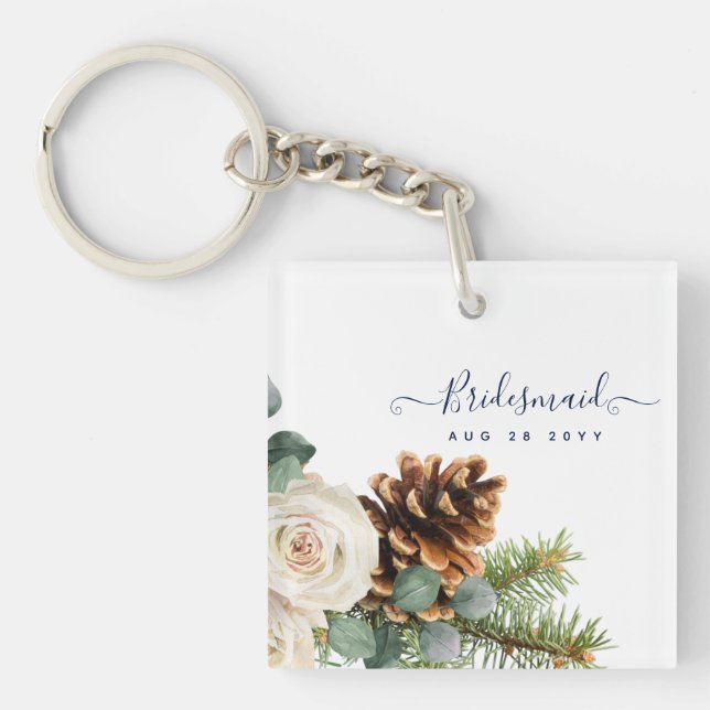 Porte-clefs Mariage d'hiver Eucalyptus Verdure Roses blanches (Devant)