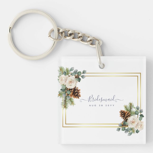 Porte-clefs Mariage d'hiver Roses blanches Or Dusty Bleu (Devant)