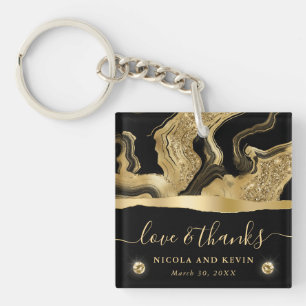 Porte-clefs Mariage élégant avec feuille d'or noir et paillett