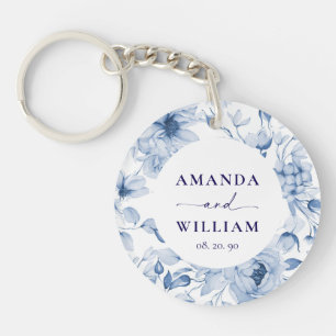 Porte-clefs Mariage Floral Bleu Élégant 