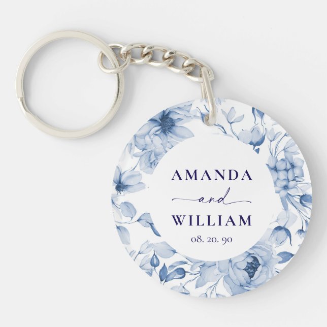 Porte-clefs Mariage Floral Bleu Élégant  (Devant)