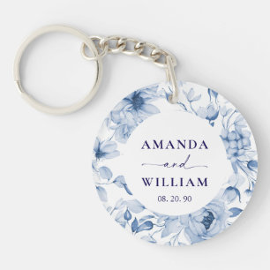 Porte-clefs Mariage Floral Bleu Élégant
