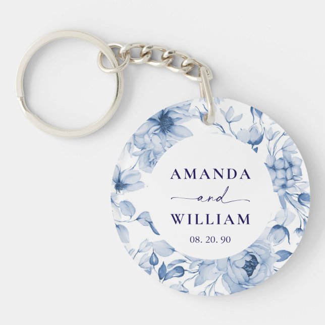 Porte-clefs Mariage Floral Bleu Élégant  (Devant)