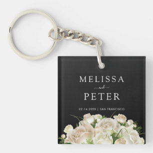 Porte-clefs Mariage minimaliste blanc floral noir