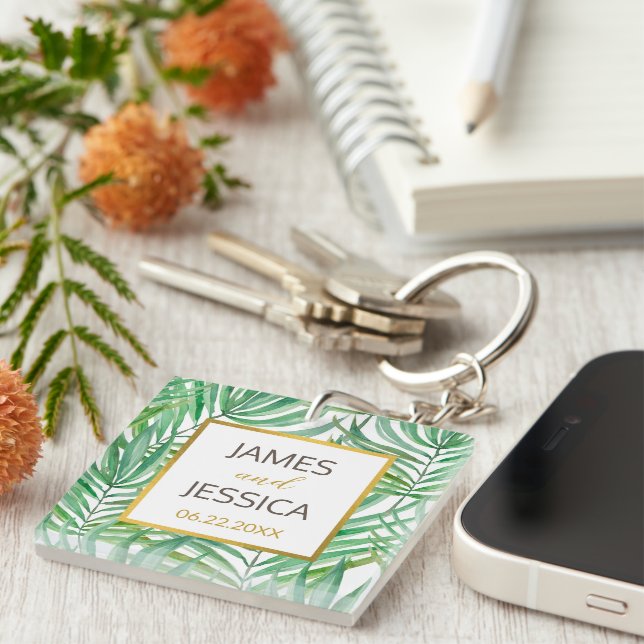 Porte-clefs Mariage Tropical Palm Tree Favoriser Carré acryliq (Devant Droit)