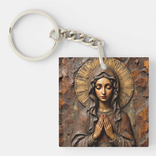 Porte-clefs Marie en bois sculptée avec dévotion (Devant)