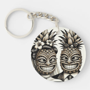 Porte-clefs Mariés Tête de Tiki Ananas Aloha de Mariage
