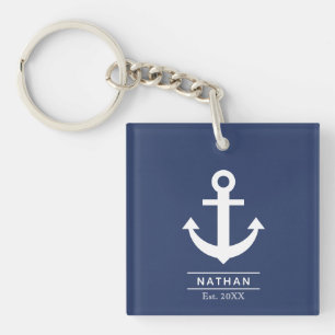 Porte-clefs Marine Ancre Bleu Washed Nom du monogramme personn