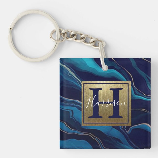 Porte-clefs Marine Blue Agate Marbre Gold Nom et Monogramme (Devant)