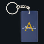 Porte-clefs Marine Blue Gold Modern Script Girl Monogramme Nom<br><div class="desc">Porte - clé de nom de monogramme simple bleu marine et or. Cela rend le cadeau parfait pour 16 ans,  mariage,  douche nuptiale,  anniversaire,  baby shower ou bachelorette pour quelqu'un qui aime le luxe glam et les styles chic.</div>