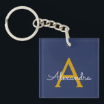 Porte-clefs Marine Blue Gold Modern Script Girl Monogramme Nom<br><div class="desc">Porte - clé de nom de monogramme simple bleu marine et or. Cela rend le cadeau parfait pour 16 ans,  mariage,  douche nuptiale,  anniversaire,  baby shower ou bachelorette pour quelqu'un qui aime le luxe glam et les styles chic.</div>