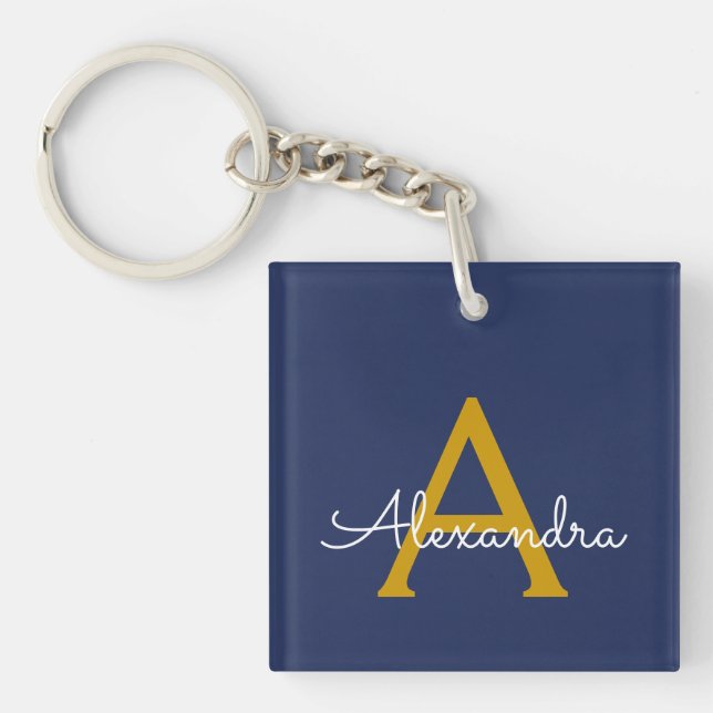 Porte-clefs Marine Blue Gold Modern Script Girl Monogramme Nom (Devant)