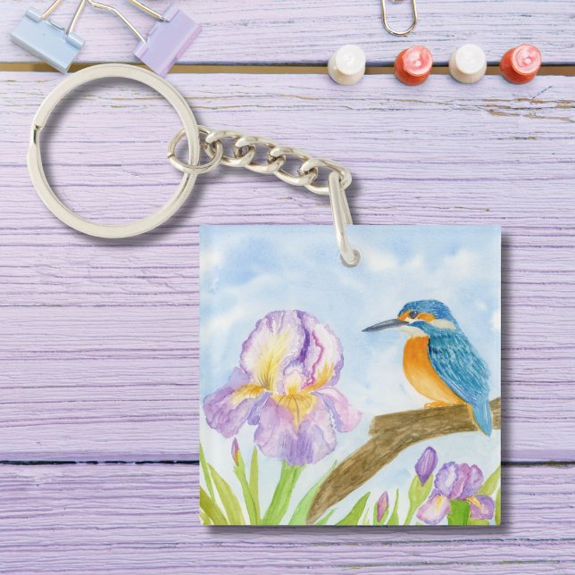 Porte-clefs Martin-pêcheur à l'aquarelle avec iris violets (Créateur téléchargé)