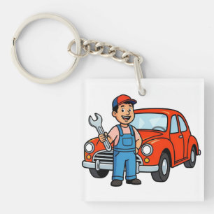 Porte-clefs Mécanicien de dessin animé mignon avec illustratio