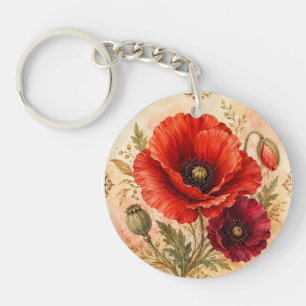 Porte-clefs Médaillon floral au coquelicot écarlate élégant