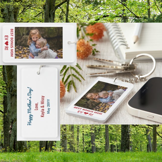 Porte-clefs Meilleur Bonus Maman Toujours Fête des Mères Garde (Best Bonus Mom Ever. Heart. Personalized photo keychain. Elegant, modern Mother's Day birthday gift)