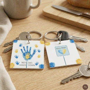 Porte-clefs Meilleur Papa Haut la Main Aquarelle Bleu Jaune