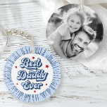 Porte-clefs Meilleur papa jamais photo bleu rétro fête des pèr<br><div class="desc">Porte - clé avec le texte "Best daddy ever" dans une police de style rétro,  et photo personnalisable au dos. Bordure radiale bleue de coup de soleil.</div>