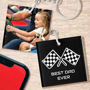 Porte-clefs Meilleur Papa Photo Course Drapeaux à Damier Noir