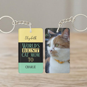 Porte-clefs Meilleure maman chat ajouter nom photo jaune vert