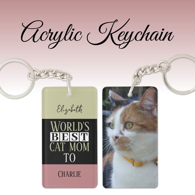 Porte-clefs Meilleure maman chat ajouter nom photo rose vert (Créateur téléchargé)