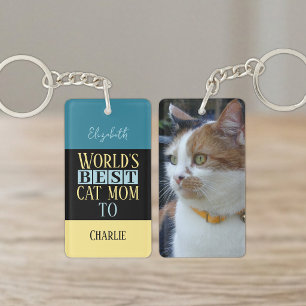 Porte-clefs Meilleure maman de chat ajoutez nom photo bleu jau
