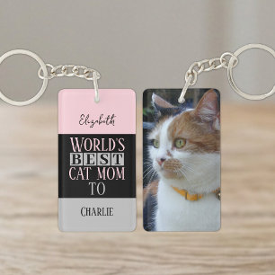 Porte-clefs Meilleure maman de chat ajoutez nom photo rose gri
