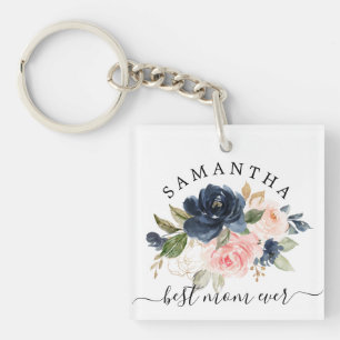 Porte-clefs Meilleure maman jamais Navy Pink Watercolor or Flo