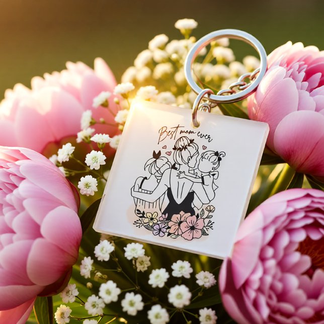 Porte-clefs Meilleure maman maman jamais maman, enfants et fle (Best Mom Ever Floral Mother & Kids Illustration Keychain)