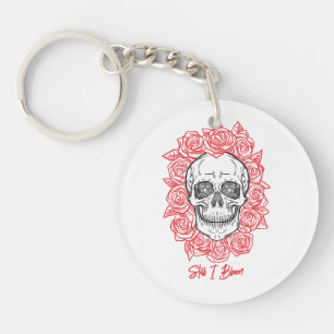 Porte-clefs Memento Mori ! Crâne et Roses, main tirée