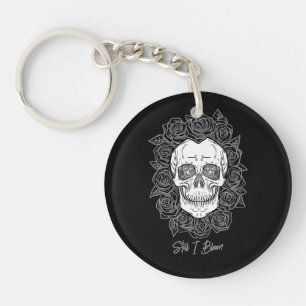 Porte-clefs Memento Mori ! Crâne et Roses, main tirée
