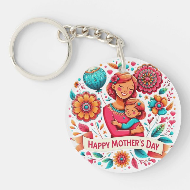 Porte-clefs Mère et fille embrassent les fleurs de la fête des (Devant)