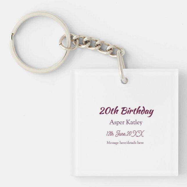 Porte-clefs Message simple nom date rose violet pour 20e anniv (Devant)