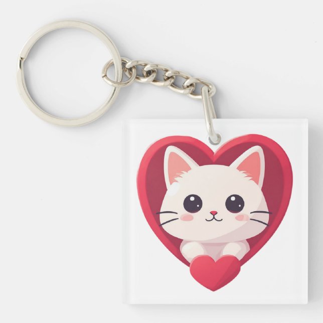 Porte-clefs Mignon Chat Blanc avec Design Kawaii Kitty Love (Devant)