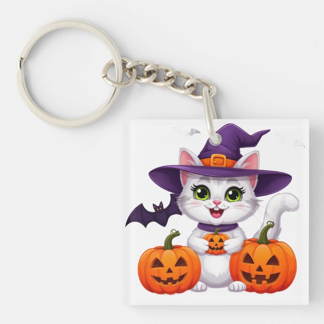 Porte-clefs Mignon Chat Blanc Citrouille Chapeau de Sorcière H (Devant)