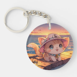 Porte-clefs Mignon Chat Chibi au coucher de soleil du port – F