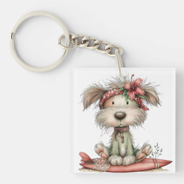 PORTE-CLEFS MIGNON FANTASISTE CHIEN D'ÉTÉ SUR PLANCHE DE SURF (Devant)
