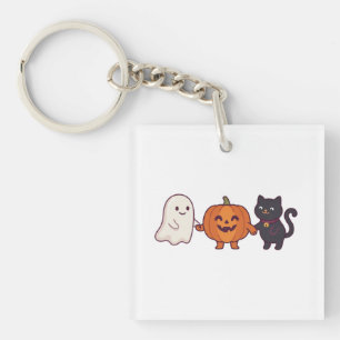 Porte-clefs Mignon Fantôme Chat Noir & Citrouille Halloween