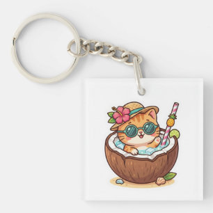 Porte-clefs Mignon Kawaii Chat Cocotier Lunettes Été BSticker