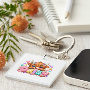 Porte-clefs Mignon Kawaii Daisy Highland Cow Nom Rose Pastel F