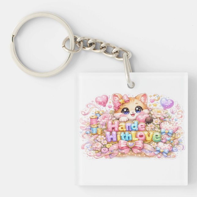 Porte-clefs Mignon Kawaii Fabriqué Avec Amour Chat Nom Pastel  (Devant)