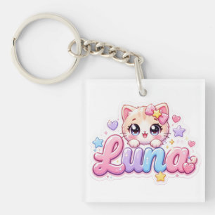 Porte-clefs Mignon Kawaii Luna Nom de Chat Pastel Rose Étincel