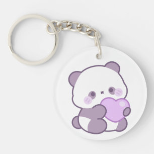 Porte-clefs Mignon Kawaii Pastel Violet Panda Cœur Acrylique